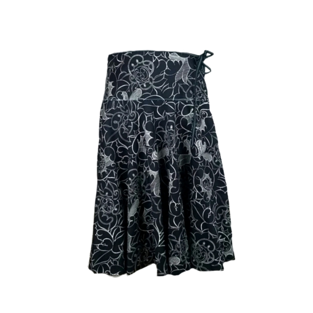 Vintage Whimsigoth A-Line Midi Skirt Black White Floral Size M